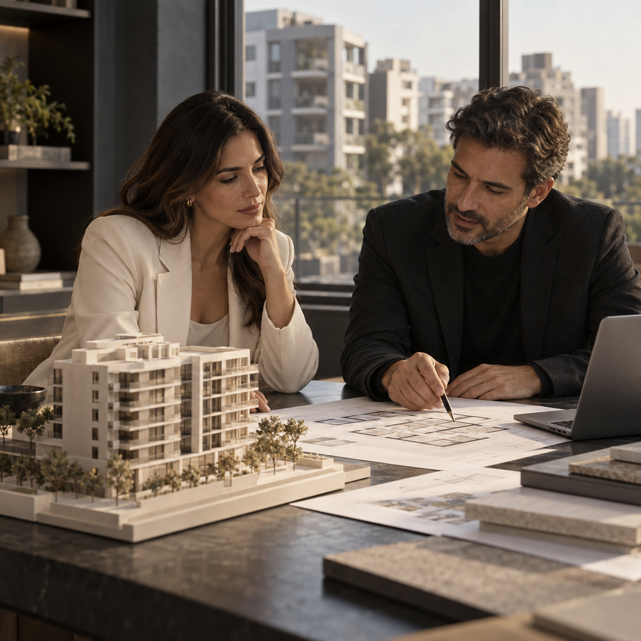 Escena conceptual de asesoría inmobiliaria: revisión de planos y maqueta residencial