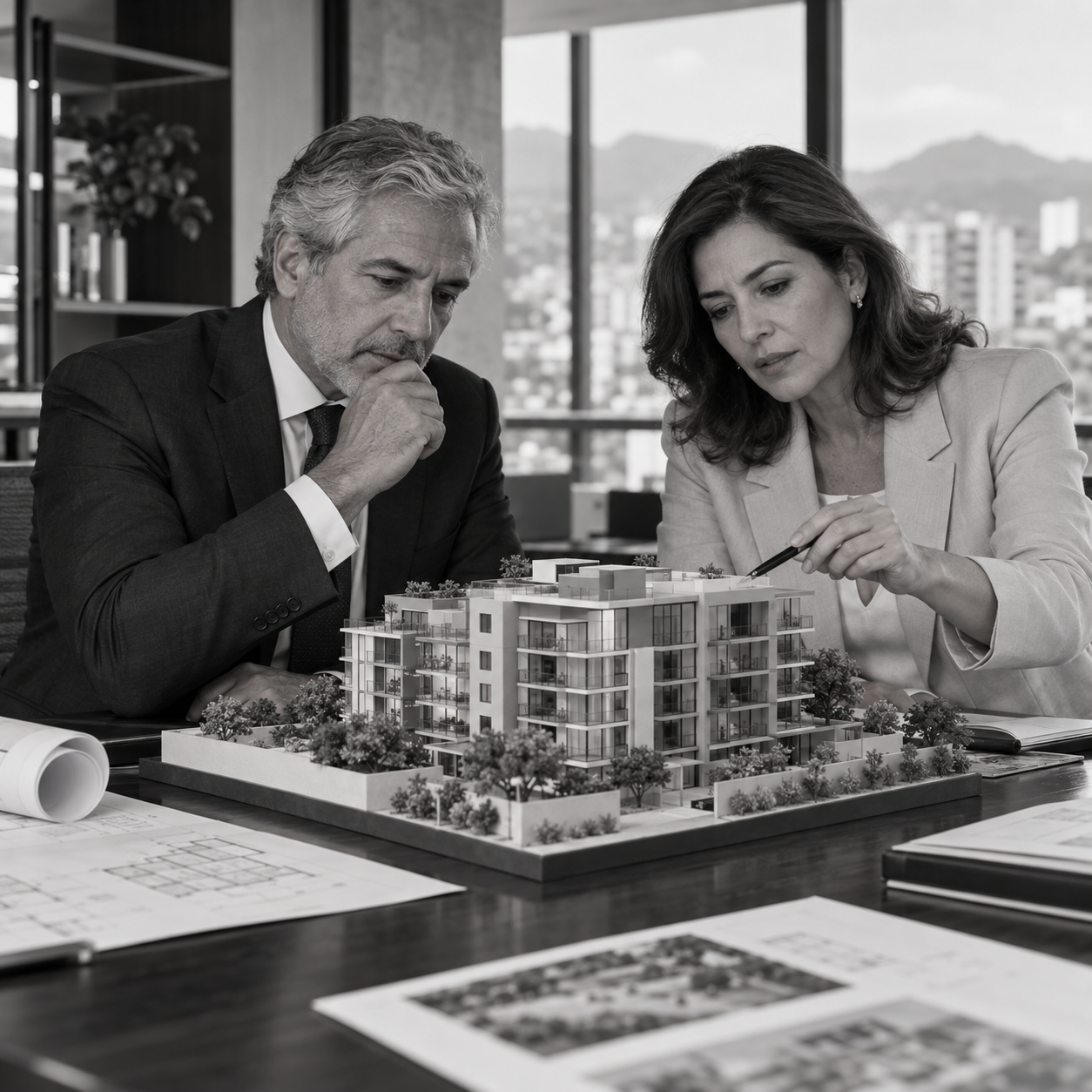 Escena conceptual de un ejecutivo y una arquitecta experimentados revisando una maqueta residencial